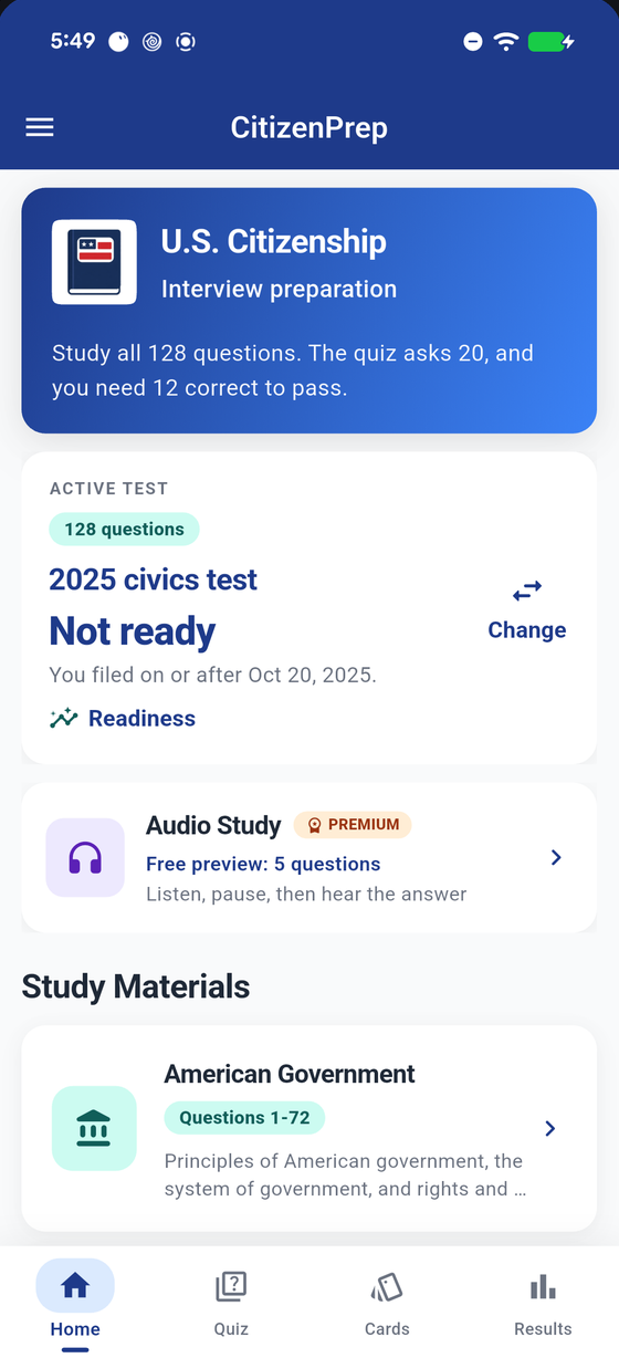 CitizenPrep home screen showing the U.S. Citizenship study card and an active 2025 civics practice test.